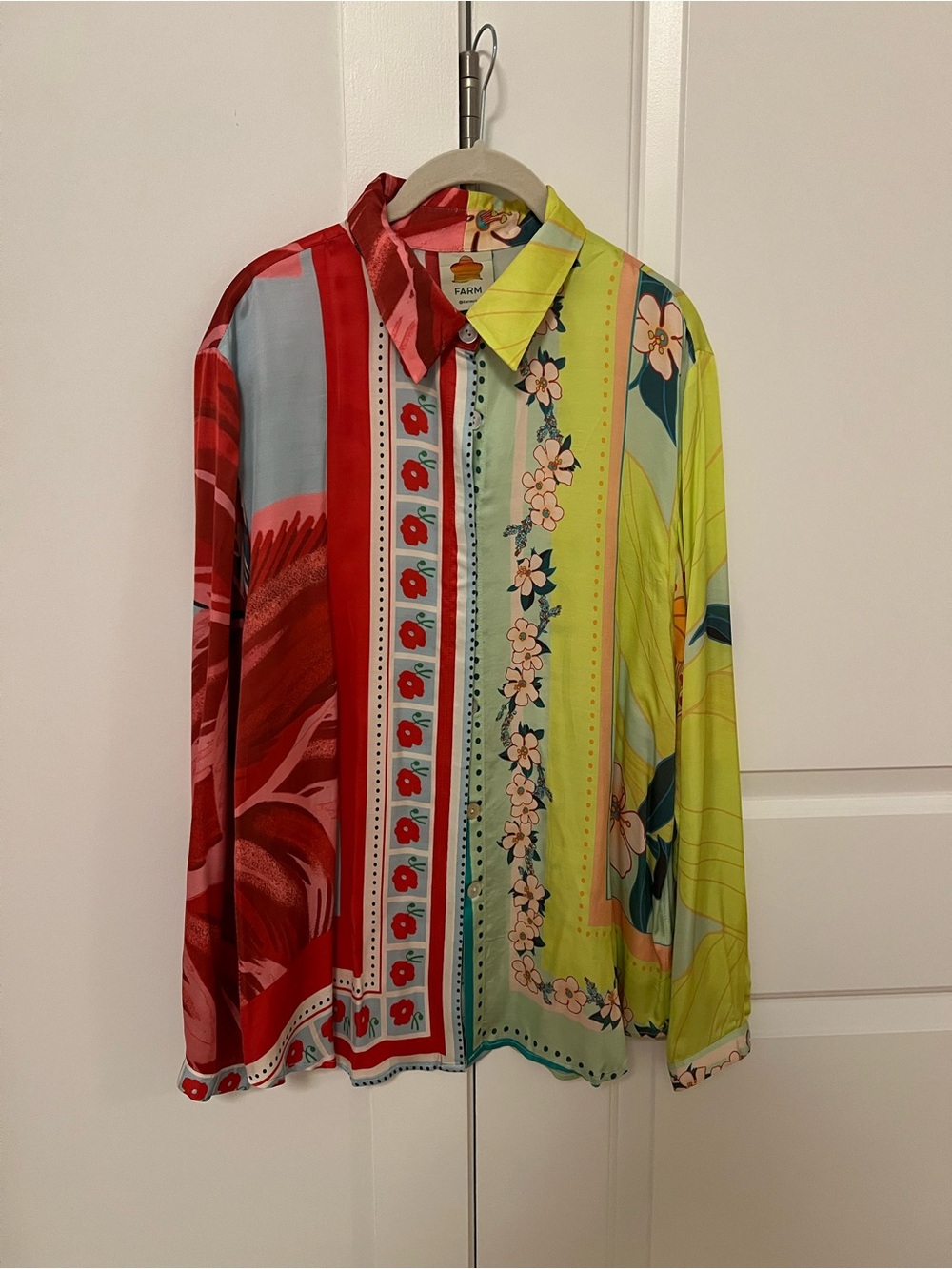 FARM Rio Multicolor Floral & Stripe Button-Down Shirt — Red, Lime, Pale Blue